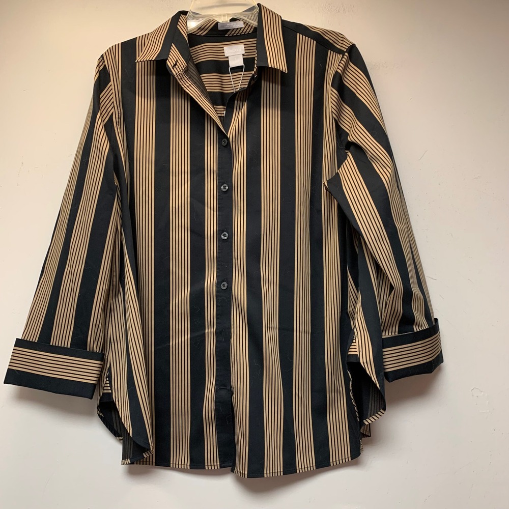Chico's No Iron Stretch Shirt Womens 3 XL 16 Black Tan Imperial Stripe NWT 14016